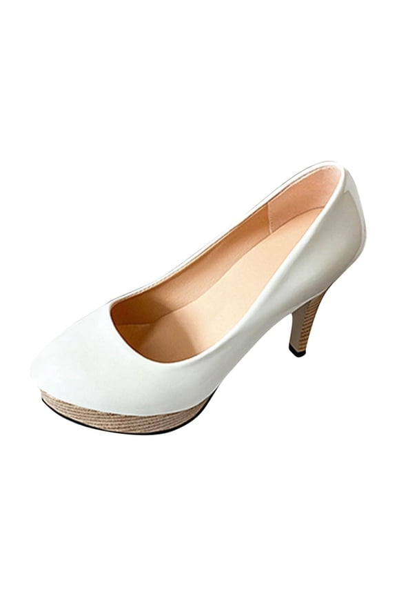High Heels for Women Flatform Stiletto Cork Heel Round Toe Slip on Dress Pumps White
