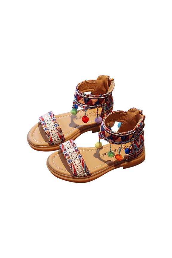 High-Top Ethnic Style Sandals for Girls Zipper Back Pompom Soft Sole Princess Fashion Open Toe Casual Beach Footwear