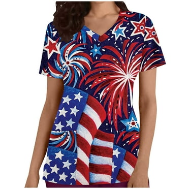 Xfvqtps Independence Day Scrub Tops for Women Comfortable Lightweight Medical Nursing Uniform Fashion Casual Solid Color Round Neck Short Sleeve Loose Working Uniform with Pockets Blue