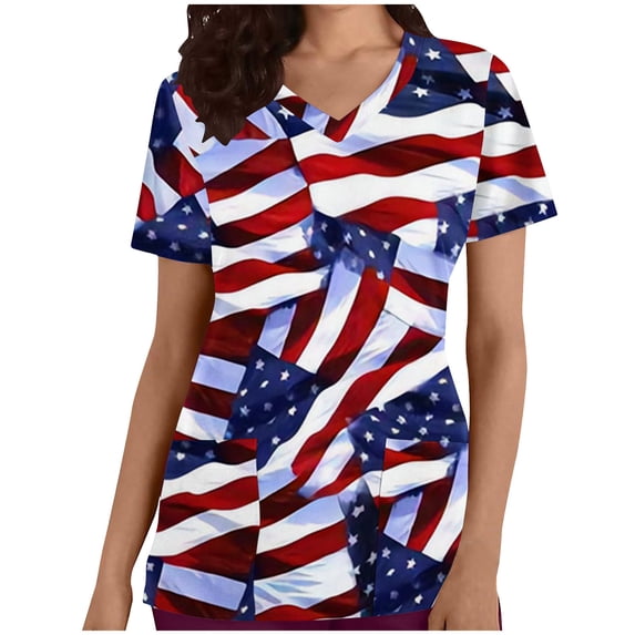Xfvqtps Independence Day Scrub Tops for Women Comfortable Lightweight Medical Nursing Uniform Fashion Casual Solid Color Round Neck Short Sleeve Loose Working Uniform with Pockets Blue