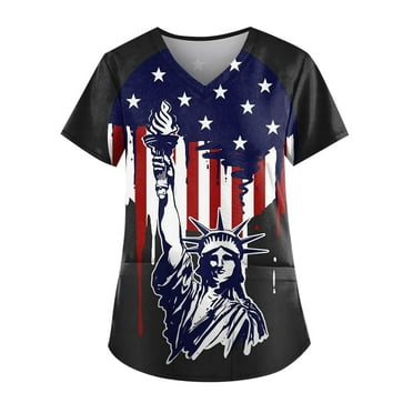 Xfvqtps Independence Day Scrub Tops for Women Comfortable Lightweight Medical Nursing Uniform Ladies Casual V-Neck Short Sleeve Working Uniform with Pockets Black