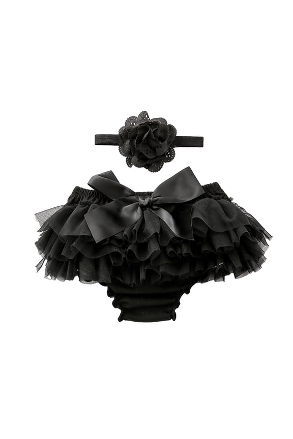 Infant Baby Girls Bowknot Ruffle Yarn Skirt Bloomer Diaper Covers and Headband Set Newborn Photo Prop Outfits Black