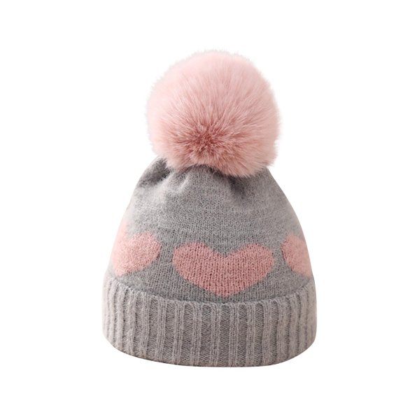 Xfvqtps Infant Beanie with Plush Pompom Love Print Knitted Vertical Cuffed Sweet Cute Simplicity Stretch Soft Windproof Coldproof Warm Winter Skull Cap Gray