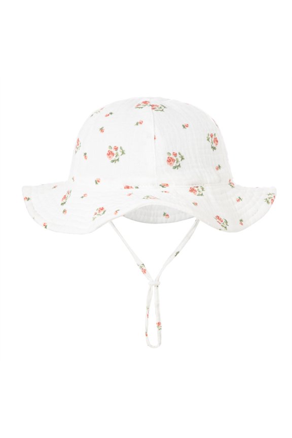 Infant Bucket Hat Adjustable Drawstring Cute Print Wide Brim Wave Edge Sun Protection Sunshade Soft Breathable Outdoor Sun Hat for 3-12 Months White