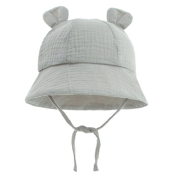 Xfvqtps Infant Bucket Hat with Cute Ears Lace Up Strap Wide Brim Sun Protection Sunshade Solid Color Soft Breathable Outdoor Sun Hat for 3-12 Months Gray