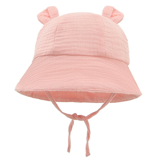 Xfvqtps Infant Bucket Hat with Cute Ears Lace Up Strap Wide Brim Sun Protection Sunshade Solid Color Soft Breathable Outdoor Sun Hat for 3-12 Months Pink