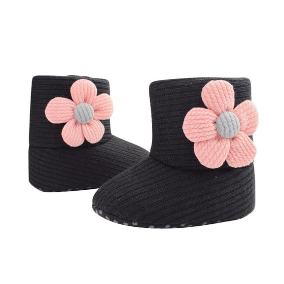 Xfvqtps Infant Girls Snow Boots with Grippy Knitting Plush Lining Cute Flower Decorations Princess Non Slip Thickened Soft Sole Comfortable Warm Winter Boots Black