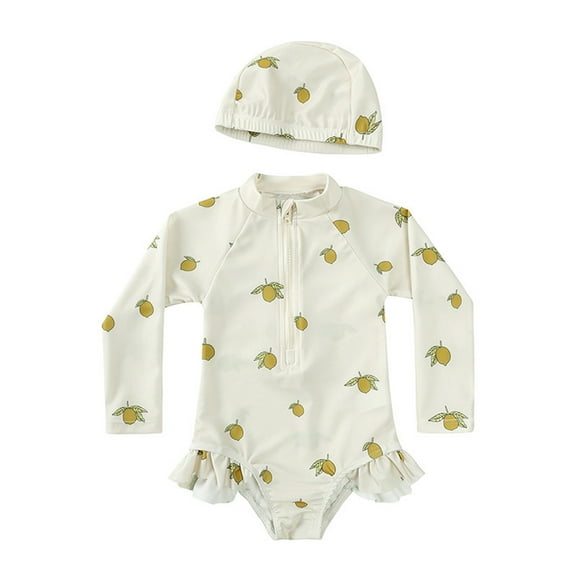 Xfvqtps Infant Toddler Baby Girl Rash Guard One Piece Swimsuit with Cap Ruffle Hemt Front Zipper Long Sleeve Cute Sweet Sun Protection Beach Bathing Suits Swimwear for 9 Months-7 Years White