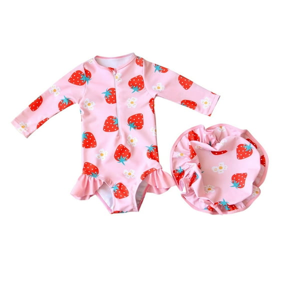 Xfvqtps Infant Toddler Child Girls One Piece Swimsuit with Hat Ruffle Hemt Front Zipper Long Sleeve Strawberry Print Cute Sweet Sun Protection Beach Bathing Suits Swimwear for 1-6 Years Pink-01