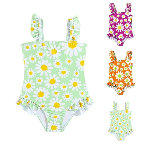 Xfvqtps Infant Toddler Child Girls One Piece Swimsuit Ruffle Shoulder Strap Hemt Flower Print Cute Sweet Sun Protection Beach Bathing Suits Swimwear for 2-6 Years Mint Green