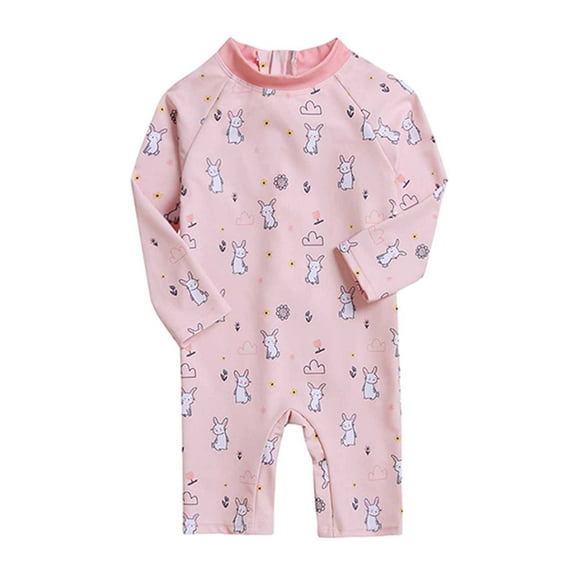 Xfvqtps Infant Toddler One Piece Swimsuit Back Zipper Long Sleeve Rabbit Print Cute Sunscreen Beach Jumpsuit Bathing Suits Swimwear for Girls 9 Months-5 Years Pink