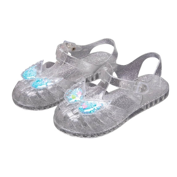 Xfvqtps Jelly Sandals for Girls Fisherman Gladiator Closed Toe Hollow out Adjustable Buckle Wing Shaped Sequins Decor Waterproof Beach Travel Flat Sandals for Toddler Little Kid Big Kid Silver