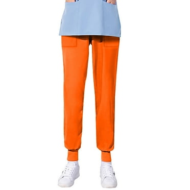 Xfvqtps Jogger Scrub Pants for Women Stretch Elastic Waist Yoga Scrub Bottoms Loose Nursing Pants Solid Color Straight Protective Pants Working Uniform Pants with Pockets Orange
