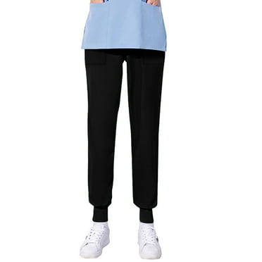 Xfvqtps Jogger Scrub Pants for Women Stretch Elastic Waist Yoga Scrub Bottoms Loose Nursing Pants Solid Color Straight Protective Pants Working Uniform Pants with Pockets Black