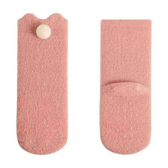 Xfvqtps Kids Baby Infant Toddler Newborn Cute Socks with Grips Pompom Solid Color Mid Tube Thickened Comfortable Elastic Soft Warm Winter Cotton Socks for 0-3 Years Pink