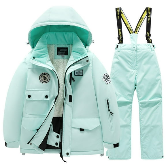 Xfvqtps Ski Jacket and Same Color Pant Set Snowsuit Plush Lined Hooded Coat and Overalls Waterproof Windproof Winter Warm Snowboarding Suit Green