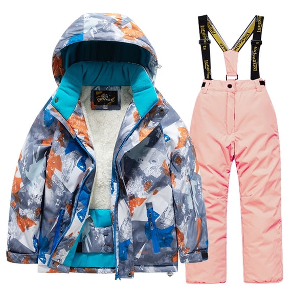 Xfvqtps Ski Jacket and Pant Set Snowsuit Snowboarding Suit Hooded Fleece Lined Coat Adjustable Overalls Waterproof Windproof Winter Ski Suits Pink