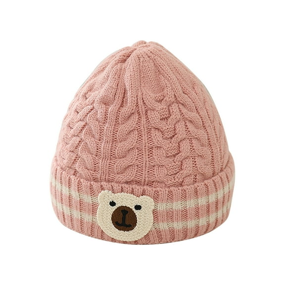 Xfvqtps Kids Child Beanie Knitted Embroidered Little Bear Cute Ribbed Pattern Cuffed Stripe Stretch Soft Thickened Windproof Coldproof Warm Winter Hat for 2-9 Years Pink