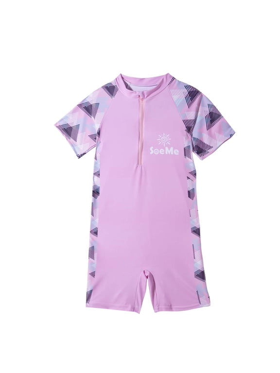 Kids Child Boys and Girls Rash Guard One Piece Swimsuit Front Zipper Short Sleeve Sun Protection Print Beach Water Sport Summer Bathing Suits Swimwear 3-14 Years Pink