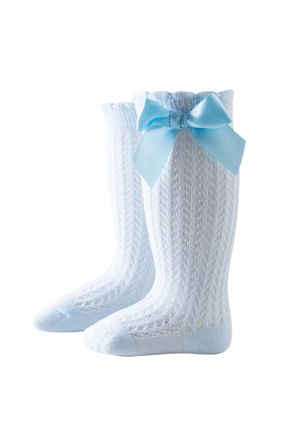 Kids Child Knee Socks Lace Bow Ruffle Knee High Solid Color Elastic Comfortable Breathable Non Slip Spring Summer Cotton Socks for 0-2 Years Blue