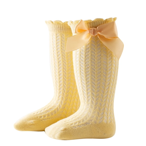 Xfvqtps Kids Child Knee Socks Lace Bow Ruffle Knee High Solid Color Elastic Comfortable Breathable Non Slip Spring Summer Cotton Socks for 0-2 Years Yellow
