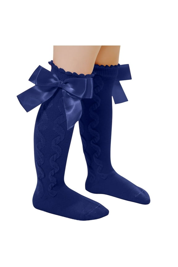 Kids Child Knee Socks Lace Double Bow Ruffle Wavy Pattern Knee High Solid Color Elastic Comfortable Breathable Non Slip Spring Fall Cotton Socks for 6 Months-4 Years Navy