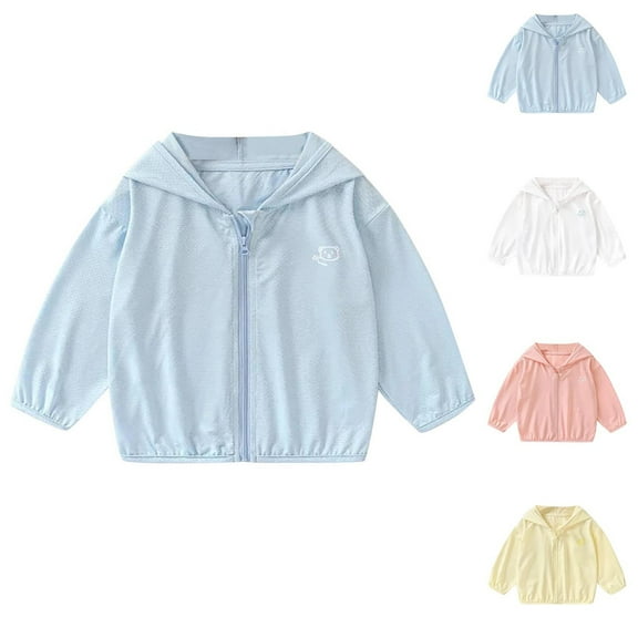 Xfvqtps Kids Children Cooling Sun Protection Jacket Hoodie Zip up Long Sleeve Solid Color Cute Bear Print Lightweight Summer Thin Tops for Camping Hiking Cycling Running 1-6Y Blue