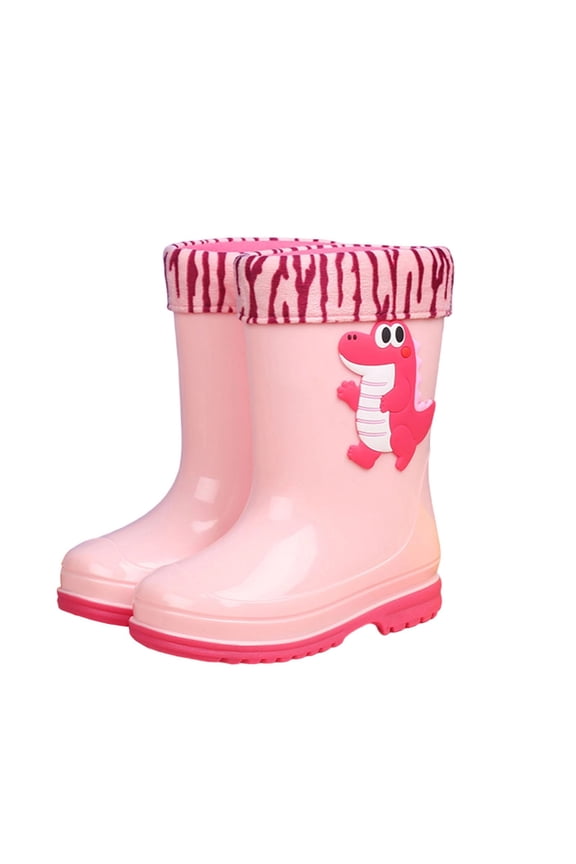 Kids Dinosaur Print Rain Boots with Plush Lined Waterproof Non-Slip Rubber Shoes for Boys Girls Outdoor Play Home Garden Fun Footwear