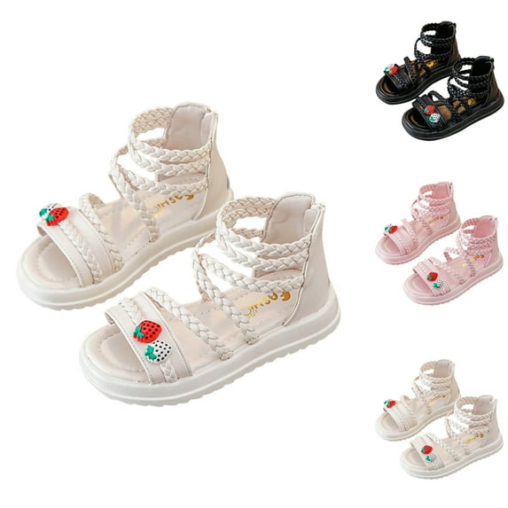 Xfvqtps Kids Girls Gladiator Sandals Back Zipper Strawberry Decor High Top Open Toe Thick Bottom Weaving Straps Soft Sole Non Slip Casual Comfortable Breathable Wedding Party Dressy Shoes Black