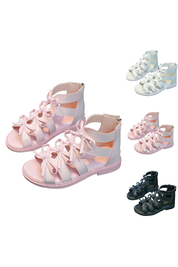 Kids Girls Gladiator Sandals Bow Back Zipper Open Toe Thick Bottom High Top Soft Sole Non Slip Comfortable Breathable Summer Sweet Casual Wedding Party Dressy Shoes Black