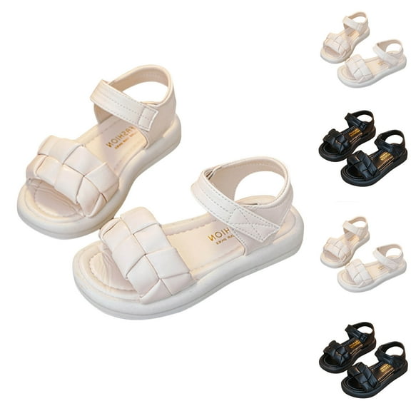 Xfvqtps Kids Girls Sandals Ankle Strap Open Toe Weave Chequer Hook and Loop Solid Color Thick Sole Soft Sole Non Slip Comfortable Breathable Beach Dressy Summer Casual Shoes Black