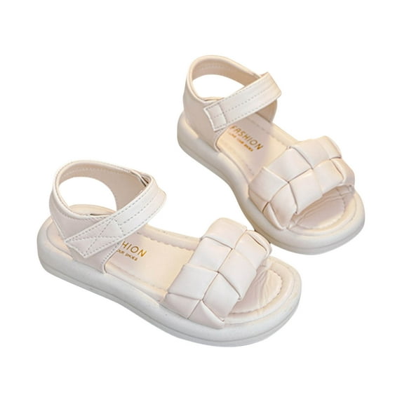 Xfvqtps Kids Girls Sandals Ankle Strap Open Toe Weave Chequer Hook and Loop Solid Color Thick Sole Soft Sole Non Slip Comfortable Breathable Beach Dressy Summer Casual Shoes Beige