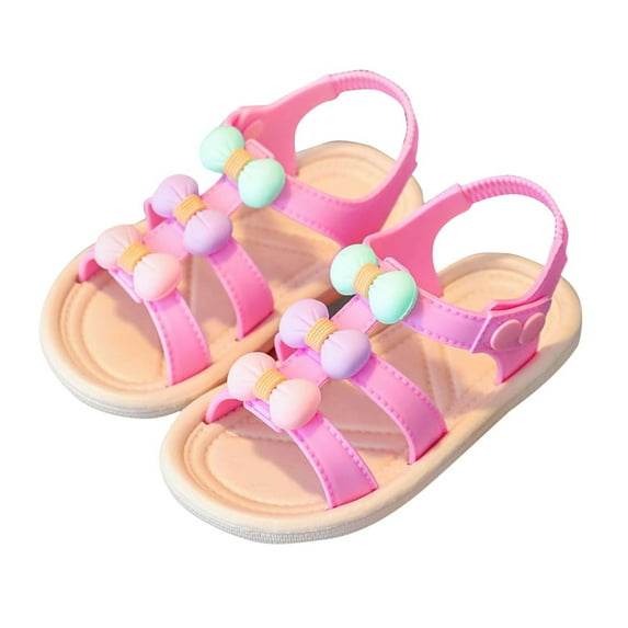 Xfvqtps Kids Girls Sandals Ankle Strap Popper Colorful Bow Decor Open Toe Soft Rubber Sole Non Slip Waterproof Durable Casual Beach Travel Flat Sandals for Toddler Little Kid Big Kid Pink