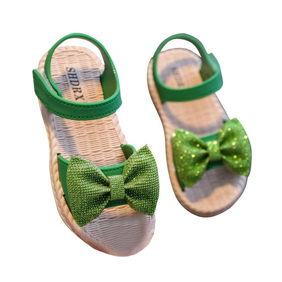 Xfvqtps Kids Girls Sandals Ankle Strap Hook and Loop Bow Decor Open Toe Soft Rubber Sole Non Slip Waterproof Durable Casual Beach Travel Flat Sandals for Toddler Little Kid Big Kid Green