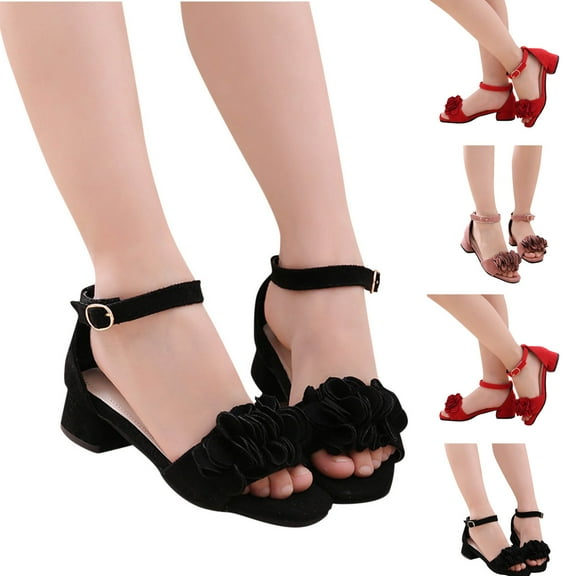 Xfvqtps Kids Girls Sandals Dressy Chunky Block Low Heels Ankle Strap Open Toe Suede Flower Hook and Loop Strap Solid Color Non Slip Breathable Summer Casual Wedding Party Dress Shoes Black