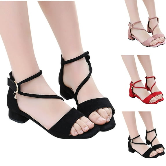 Xfvqtps Kids Girls Sandals Dressy Chunky Block Low Heels Ankle Strap Open Toe Suede Rhinestone Pendant Hook and Loop Strap Solid Color Soft Sole Non Slip Casual Wedding Party Dress Shoes Black