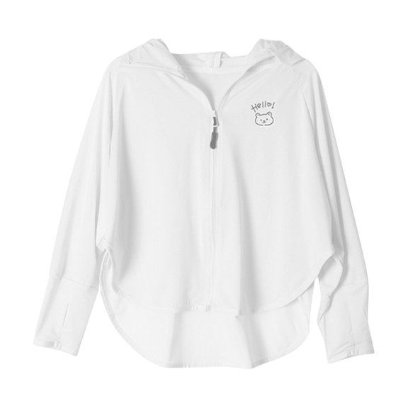 Xfvqtps Kids Light Jacket Wide Hem Cooling Sun Protection Hoodie Full Zip up Long Sleeve Cartoon Bear Print Summer Shirts UV for Outdoor Hiking White