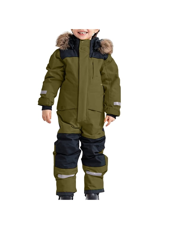 One Piece Snowsuits Reflective Strip Fluffy Hooded Waterproof Windproof Outdoor Winter Snowboarding Ski Suits Jumpsuits Army Green