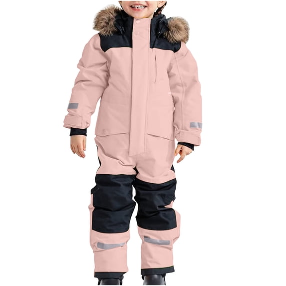Xfvqtps One Piece Snowsuits Reflective Strip Fluffy Hooded Waterproof Windproof Outdoor Winter Snowboarding Ski Suits Jumpsuits Pink