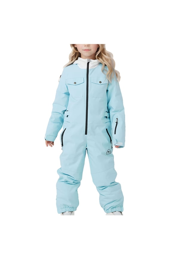 One Piece Snowsuits Snowboarding Suit Hooded Multiple Pockets Zipper Waterproof Windproof Outdoor Winter Ski Suits Jumpsuits Blue