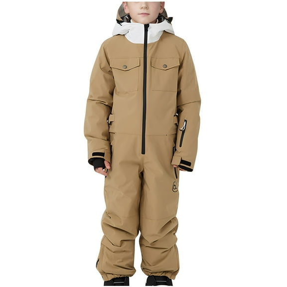 Xfvqtps One Piece Snowsuits Snowboarding Suit Hooded Multiple Pockets Zipper Waterproof Windproof Outdoor Winter Ski Suits Jumpsuits Khaki