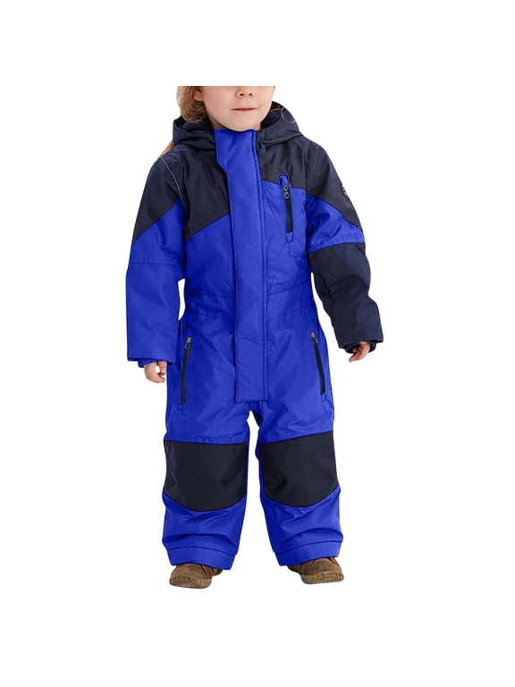 One Piece Snowsuits Snowboarding Suit Hooded Zippered Pocket Keep Warm Color Blocking Waterproof Windproof Outdoor Winter Ski Suits Jumpsuits Blue