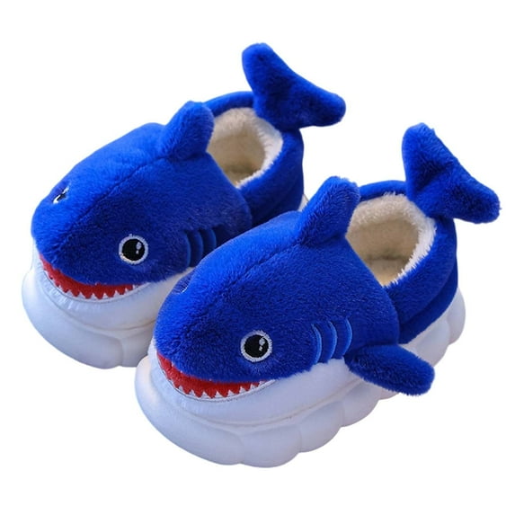 Xfvqtps Kids Shark Slippers Cute Plush Fuzzy Cover Heel Warm Comfortable Winter Non-Slip PVC Home Shoes Blue-Cover Heel