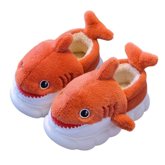 Xfvqtps Kids Shark Slippers Cute Plush Fuzzy Cover Heel Warm Comfortable Winter Non-Slip PVC Home Shoes Orange-Cover Heel