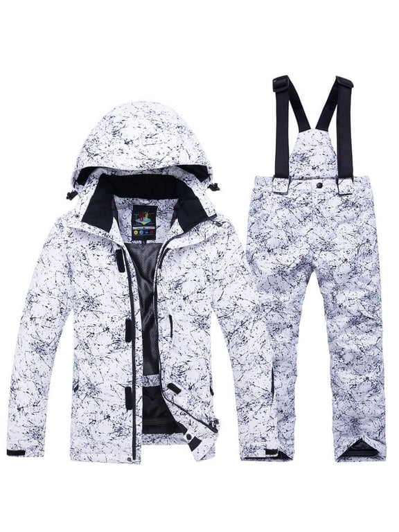 Ski Jacket and Pant Set Snowboarding Snowsuit Adjustable Drawstring Hooded Coat Adjustable Overalls Waterproof Windproof Winter Warm Ski Suits White