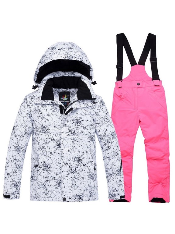 Ski Jacket and Pant Set Snowboarding Snowsuit Adjustable Drawstring Hooded Coat Adjustable Overalls Waterproof Windproof Winter Warm Ski Suits Pink