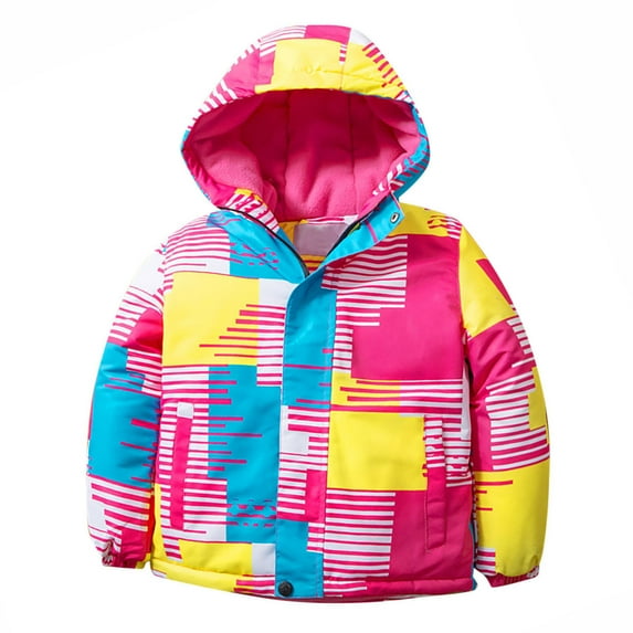 Xfvqtps Snowboard Jacket Ski Coat with Plush Lined Warm Waterproof Windproof Color Blocked Stripes Hooded Outdoor Jackets Pink