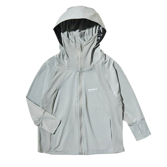 Xfvqtps Kids Sun Protection Clothing Hoodie Wide Brim Long Sleeves with Thumb Hole Zipper Air Hole Breathable Summer Shirt for Outdoor Gray