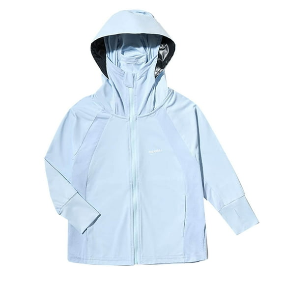 Xfvqtps Kids Sun Protection Clothing Hoodie Wide Brim Long Sleeves with Thumb Hole Zipper Air Hole Breathable Summer Shirt for Outdoor Light Blue