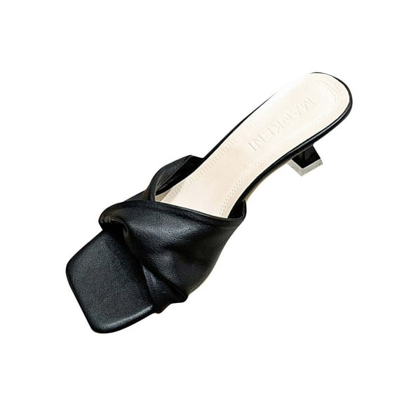 Xfvqtps Kitten Heels for Women Slide Sandals Open Square Toe Solid Color Cross Strap Leather Summer Mule Sandals Black